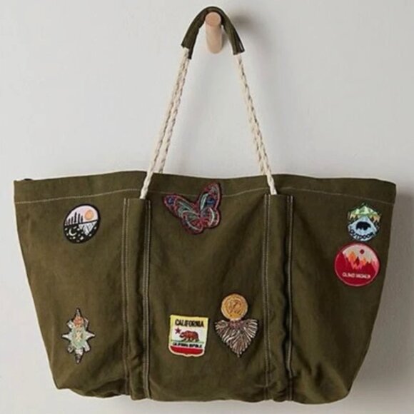 Free People Been There Badge Patch Canvas Tote Bag Sea Serpent Green NEW $128 - Picture 2 of 12